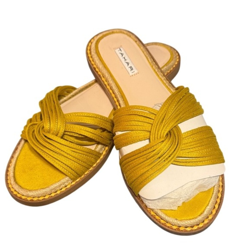 Tahari Cailyn Mustard Yellow Knotted Multi‎ Strap Flat Slide Sandals Size 9.5
